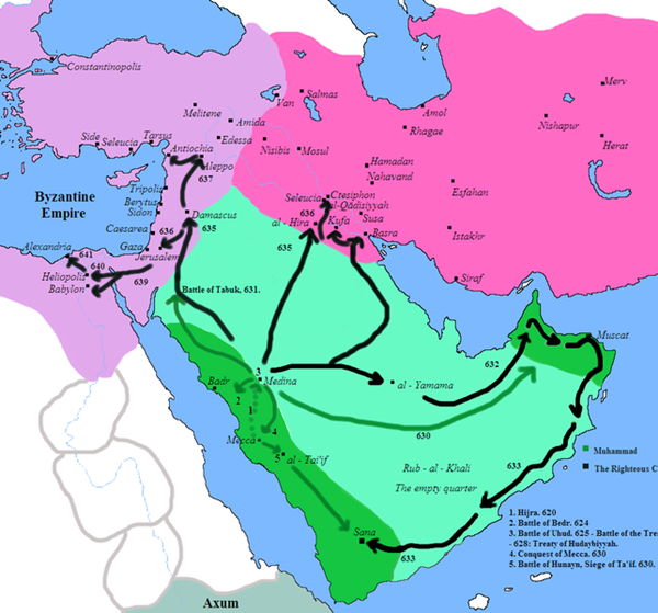 HISTORICAL MAPS: Map of Muslim Conquests in the time of Mohammad