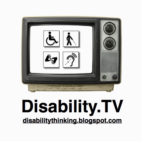 Photo of an old style tv set with four disability symbols on the screen. Title reads Disability.TV web address disability thinking.blogspot.com