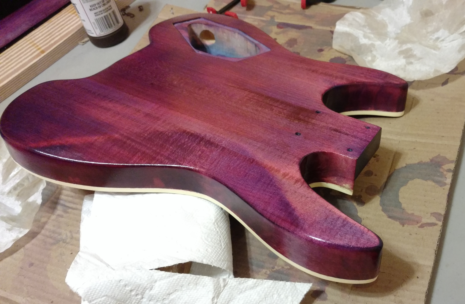 Keda Dye - Warmoth guitar build in progress. Colored wood is after