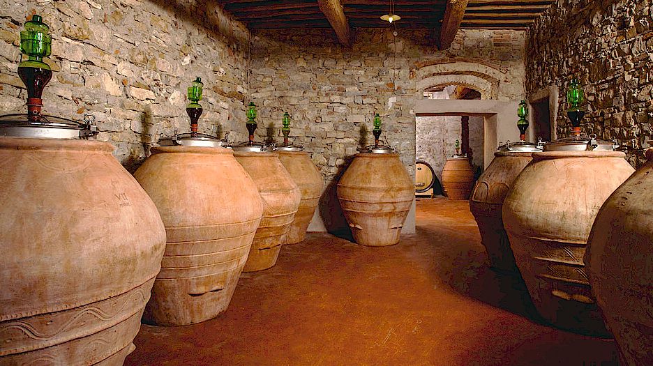 Wine tasting of wines aged in terracotta amphorae taking place in