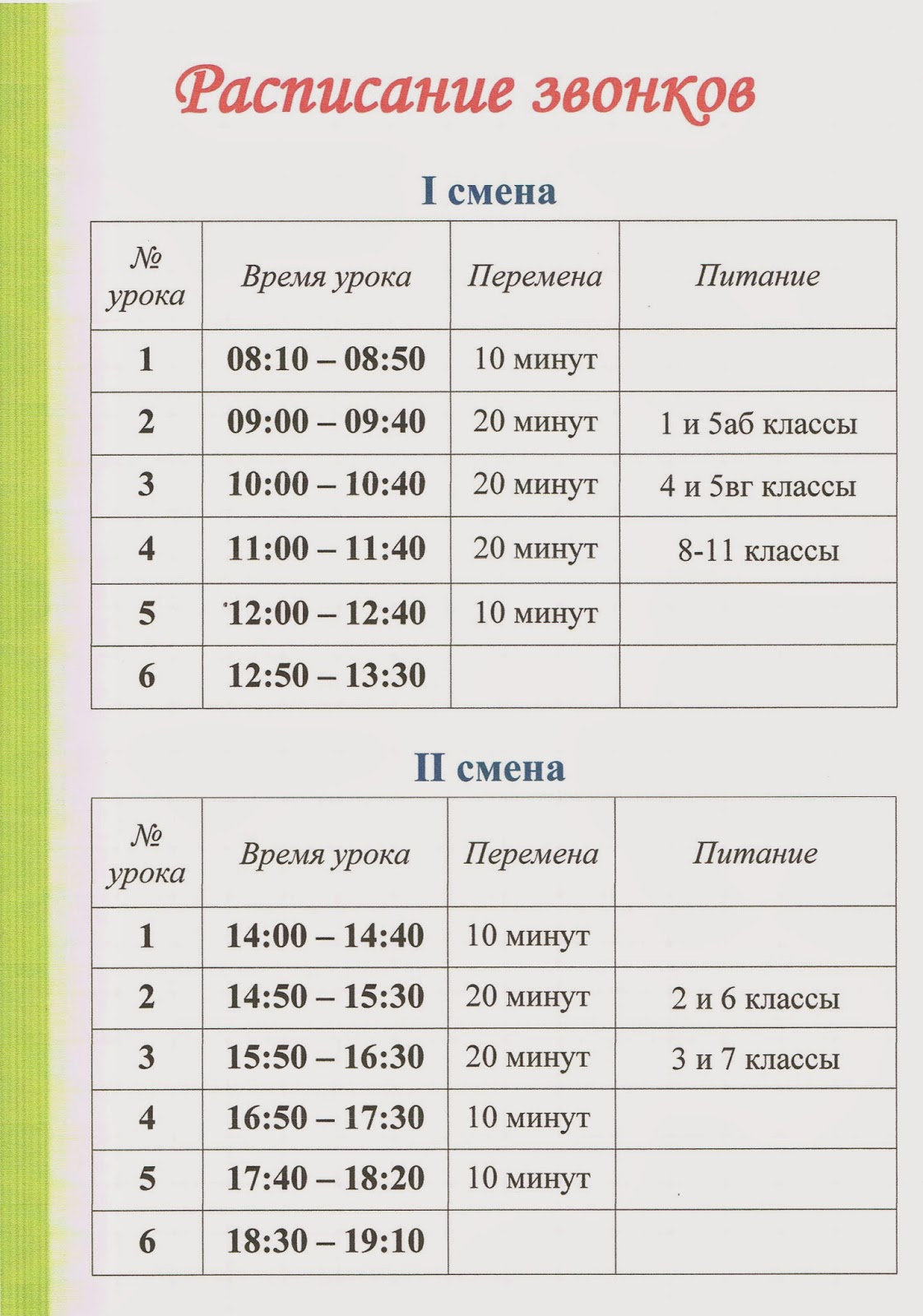 Расписание звонков спб