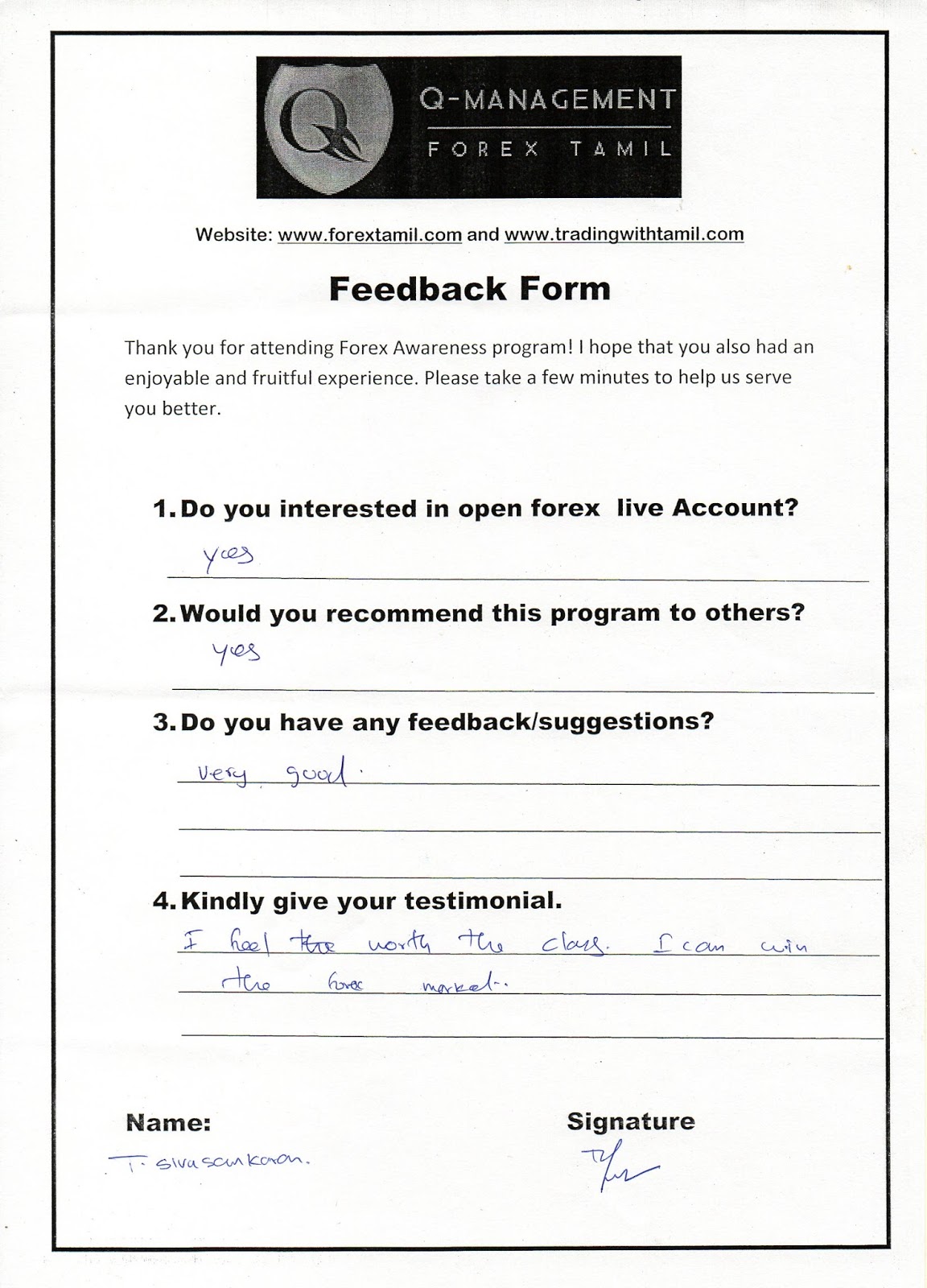 Mr Siva Sankara Feedback Form I Feel The Worth Cl Am Win Mr Siva Sankara Feedback Form I Feel The Worth Cl Am Win Forex Market
