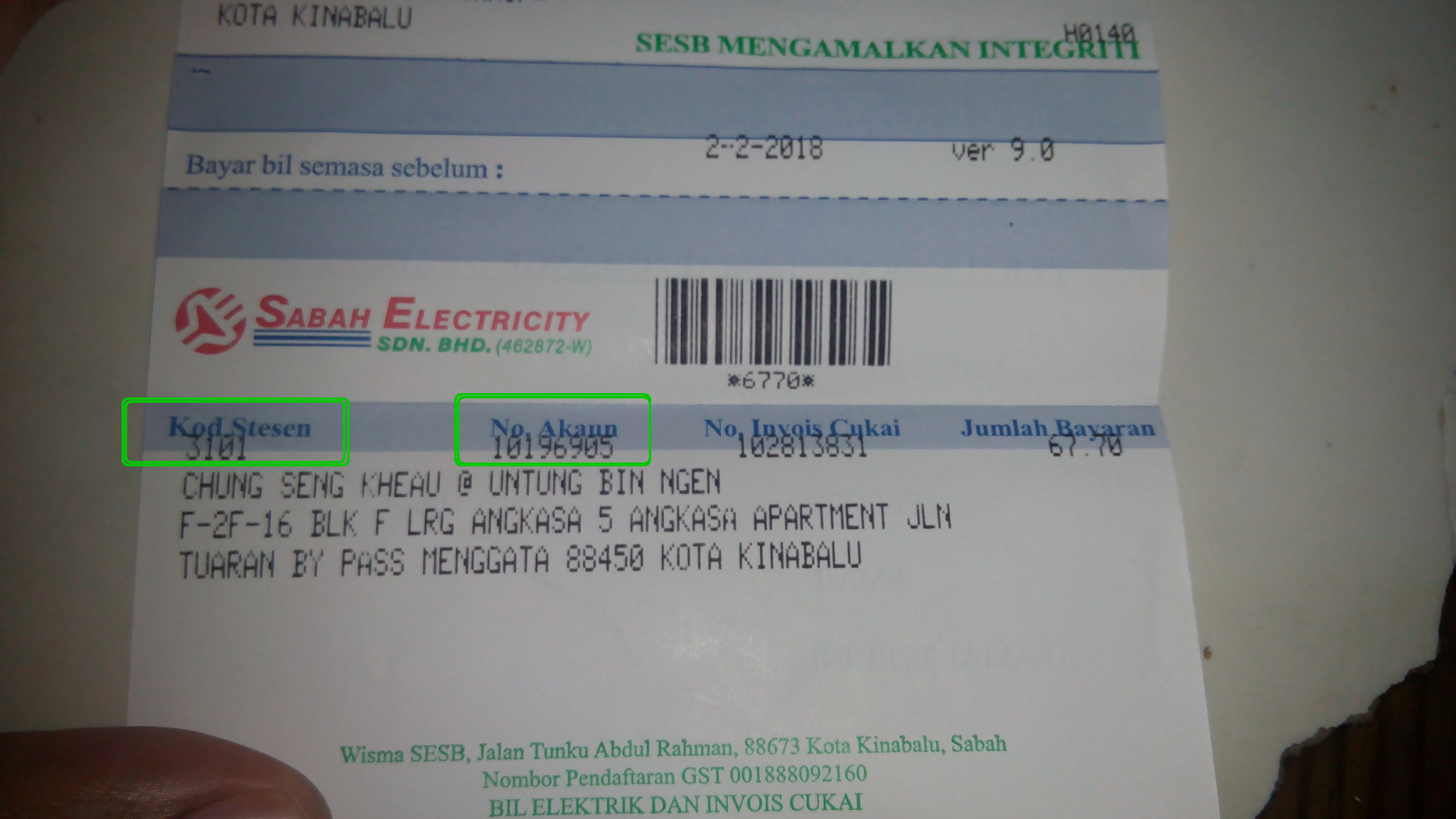 Sesb bill ocs check Cara Bayar