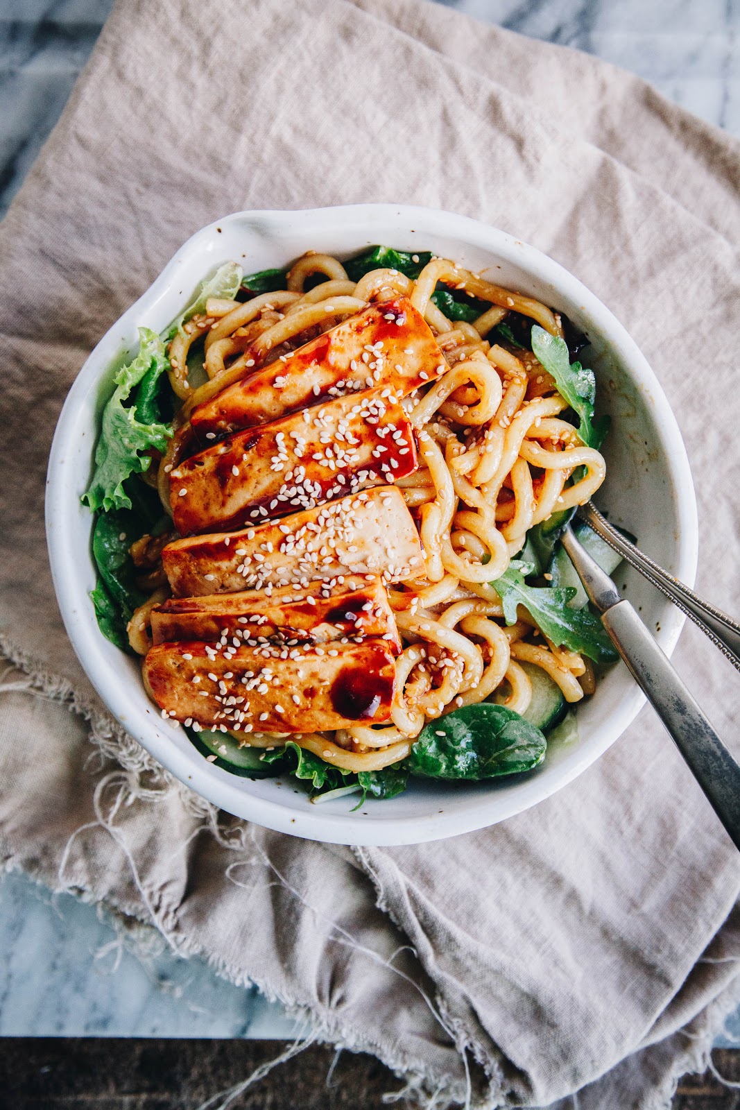 This Rawsome Vegan Life SESAME UDON NOODLES with GREENS + SPICY TOFU