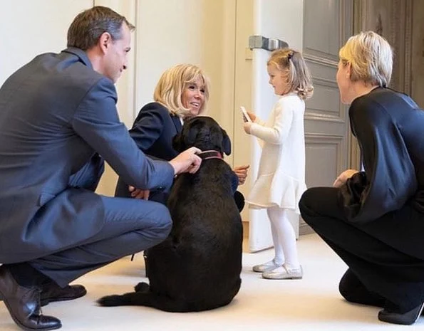 French First Lady Brigitte Macron, Princess Charlene and her twins Prince Jacques and Princess Gabriella at Elysée, Palace Paris