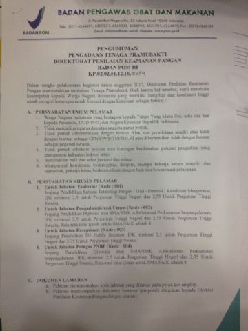 Lowongan Non Pns Badan Pom Ri Tingkat Sma Hingga S1