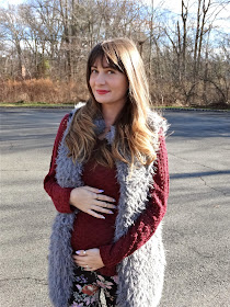 Maternity Style: Faux fur vest, maroon sweater and comfy floral print leggings, as worn by Jen of House of Jeffers, a fashion blog  | www.houseofjeffers.com