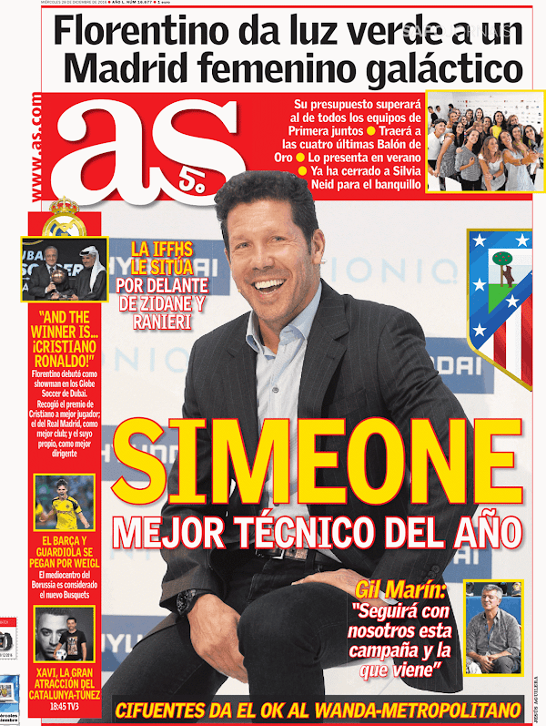 Atlético, AS: "Simeone, mejor técnico del año"