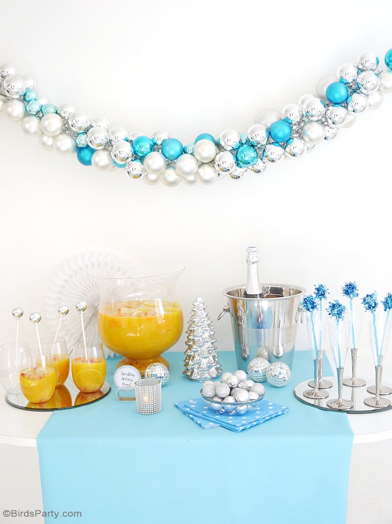 A Silver & Blue Christmas Holidays Cocktail & Appetizers Party with recipes, tablescape styling ideas and DIY decorations | BirdsParty.com