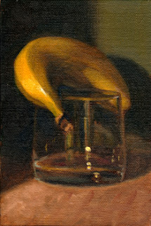 Oil painting of a banana resting on top of an old fashioned glass.