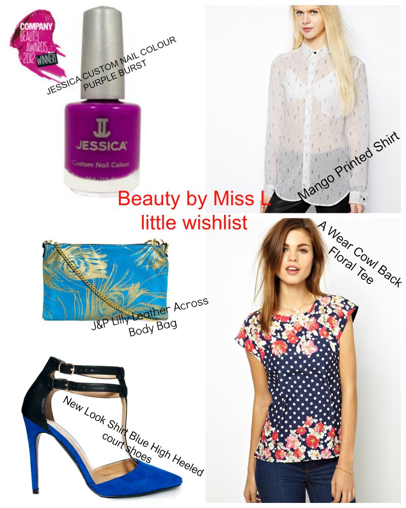 purple nail polish, white shirt, blue bag, black blue heels, floral tee