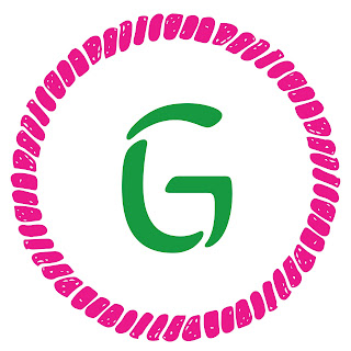 Capital "G"  which refers to greetings. Color of ' G'  is Green  Circular gear teeth border in pink colour.   Over all logo background is white. 