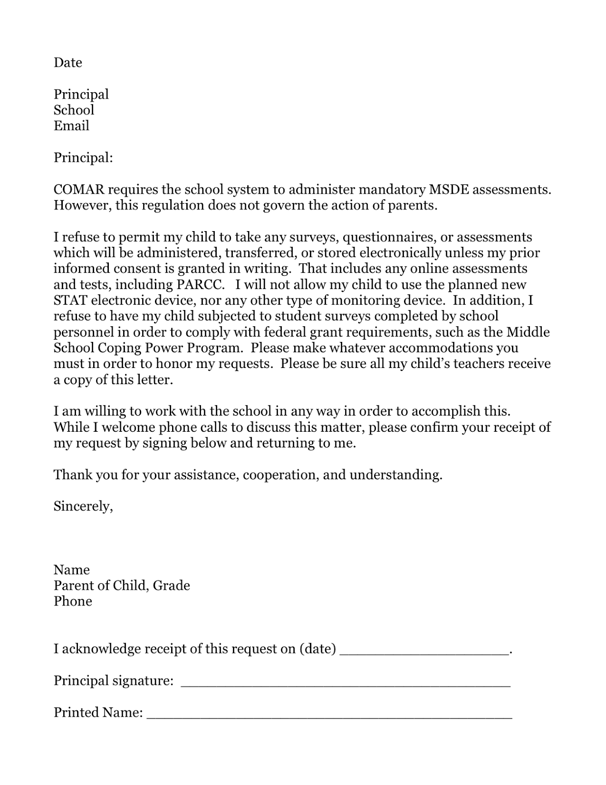 One Cent Worth: Sample PARCC Opt Out Letter