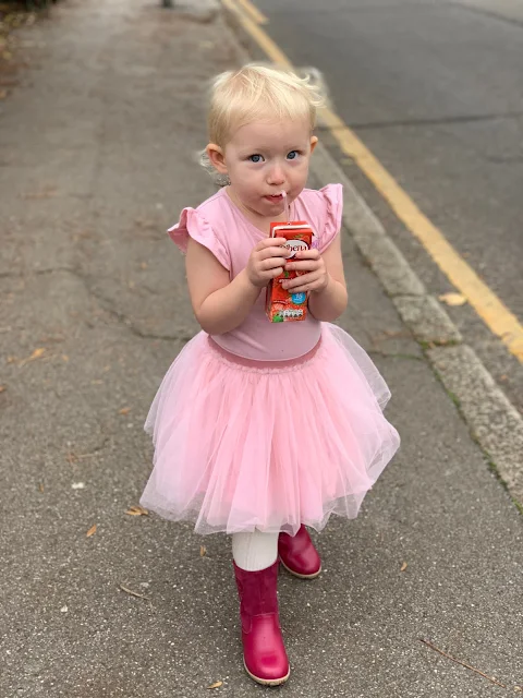 A toddler in a party dress and no coat despite it being really cold