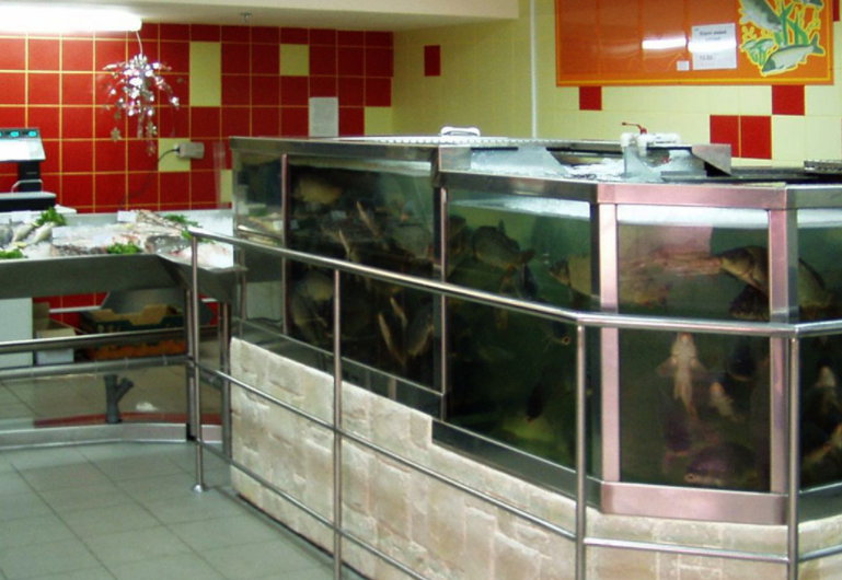 Хранение живой рыбы. Аквариум для торговли живой рыбой. Живая рыба в магазине. Аквариум для продажи живой рыбы. Аквариум в Рыбном магазине.
