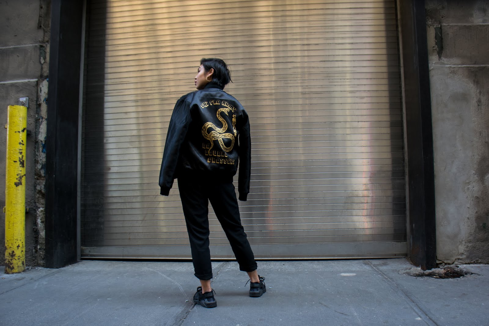 All black outfit ft. Chi Flo Jacket, Shae Sweaters, and Nike Huarache Sneakers