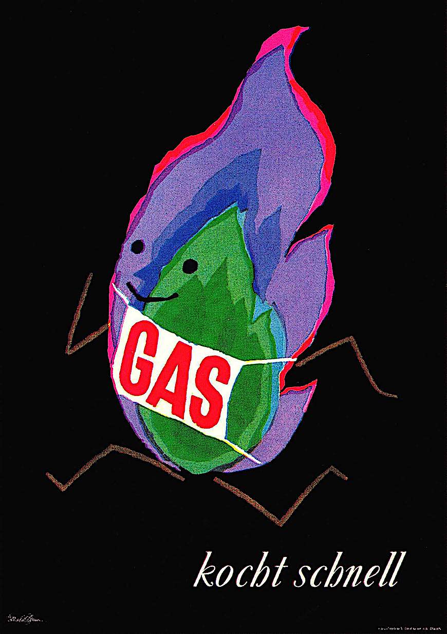 Donald Brun 1958 "GAS cooks quickly" a Donald Brun illustration, 1958