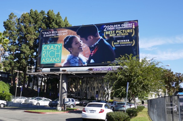 Crazy Rich Asians 2 Golden Globe nominations billboard Sunset Strip Crazy Rich Asians 2 Golden Globes billboard