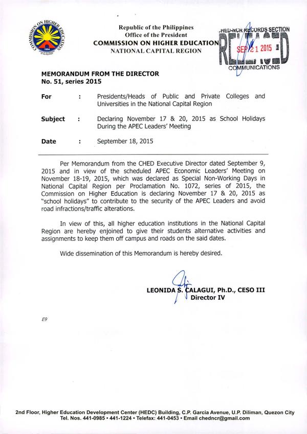 CHED announces suspension of classes on November 17-20 due to APEC