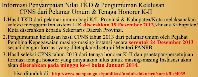 Pengumuman Hasil Tes CPNS Tahun 2013 Untuk Umum 24 Desember Honorer K2 Januari 2014