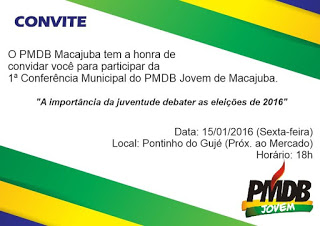 PMDB Jovem realizará Primeira conferência Municipal em Macajuba e convida a todos 