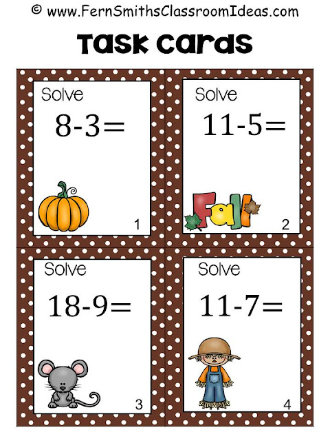  Fern Smith's Classroom Ideas Fall Addition and Subtraction Task Cards and Printables at TeacherspayTeachers Including Eight Free Task Cards in the Preview Download.