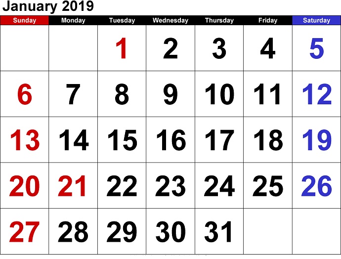 January 2019 calendar