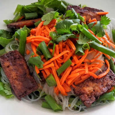 Hoisin Baked Tofu Vermicelli:  A vegetarian rice noodle salad with vegetables, herbs, and sweet and salty baked tofu.