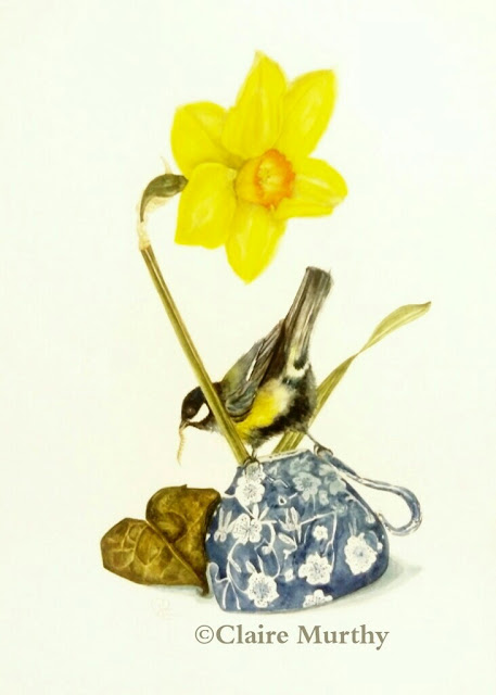 british bird and daffodil painting art watercolour botanical art