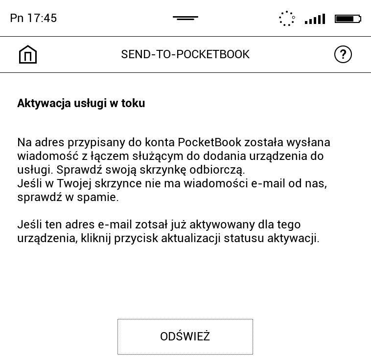 PocketBook Touch Lux 4 – komunikat o trwającej aktywacji usługi Send-to-PocketBook