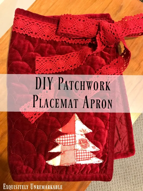 DIY Patchwork Placemat Apron Text over finished Apron Upcycle