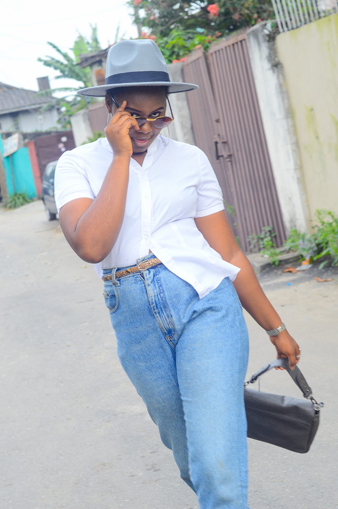 white shirt and mom jeans