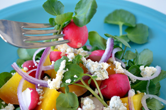 golden beet, watercress, and gorgonzola salad