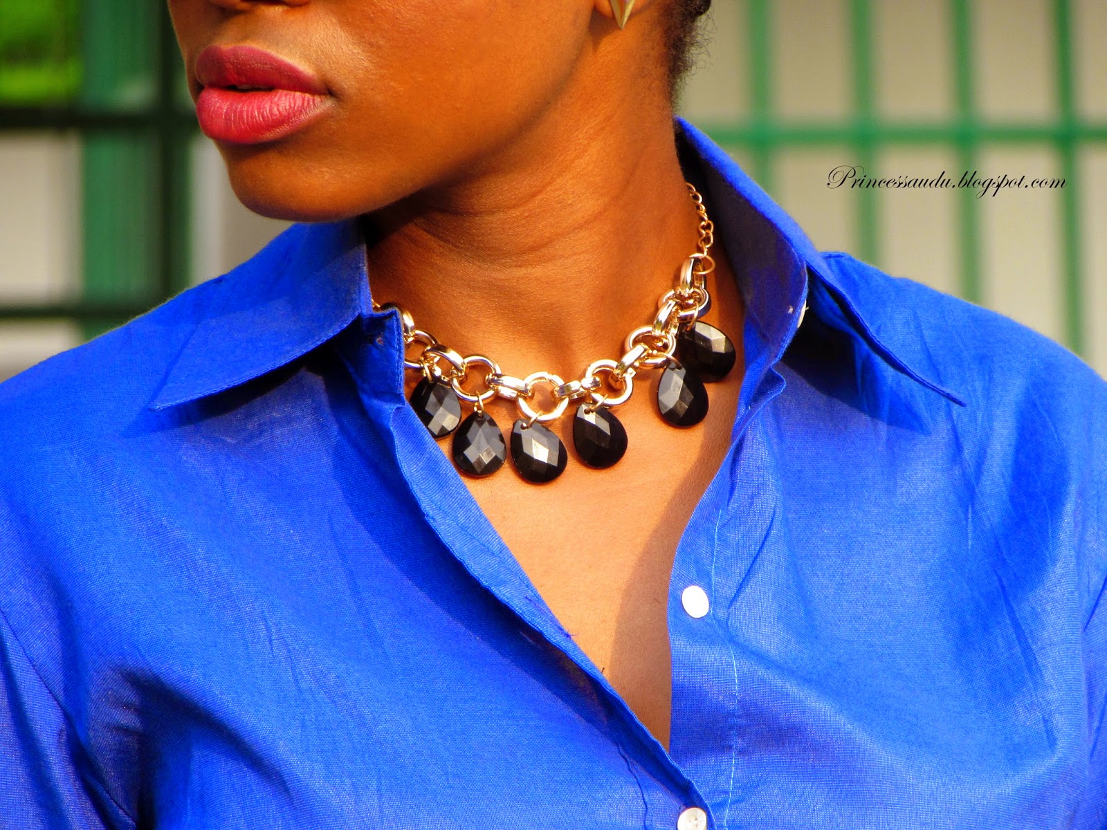 cobalt blue, statement necklace, button down shirt