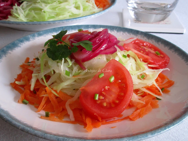 Ensalada de repollo con zanahoria, tomate y cebolla pochada