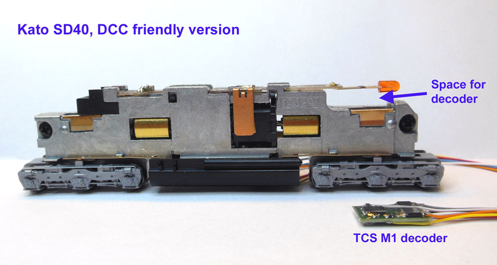 N Scale DCC Decoder Installs TCS M1 in a Kato SD40