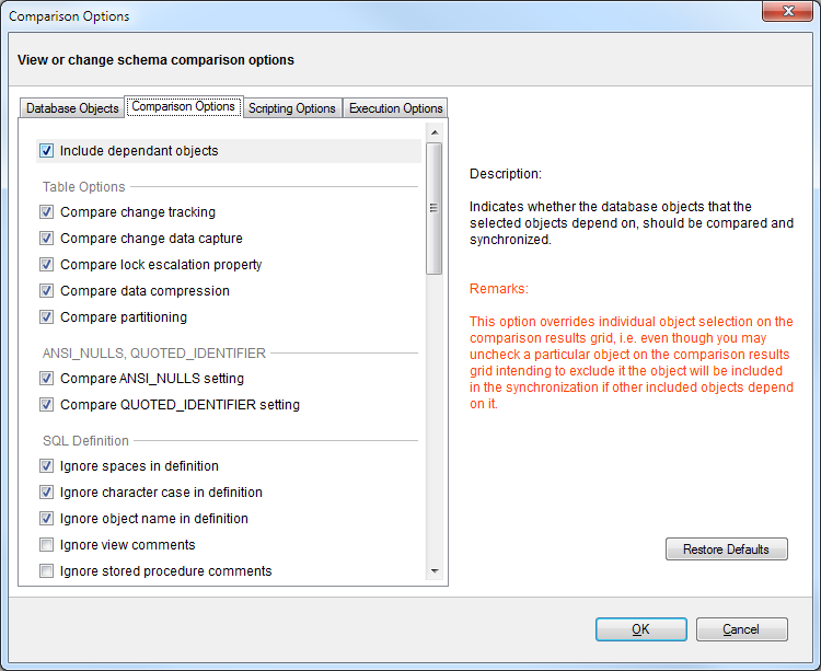 SQL Schema Compare – include dependant objects ~ xSQL Software