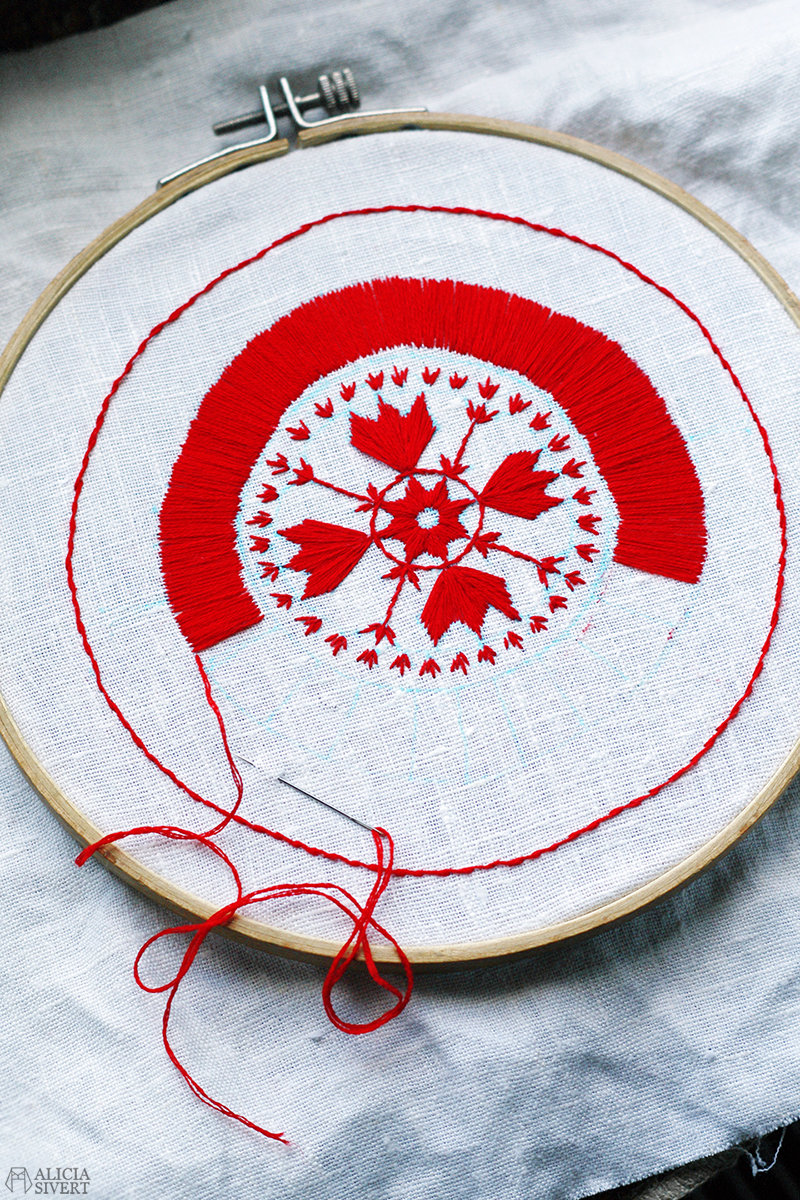 Järvsösöm av Alicia Sivertsson. aliciasivert alicia sivert sivertsson broderi embroidery needlework brodera järvsösöm landskapssöm landskapssömmar bygdebroderi bygdebroderier svensk textilhistoria konsthistoria kvinnohistoria historia konst textil textilt skapade kvinnors kvinnor feminism feministisk stjälkstygn enkelsidig plattsöm tofssöm tofsstygn sybåge rött röd garn broderigarn linne linnetyg hantverk handarbete järvsö hälsingland