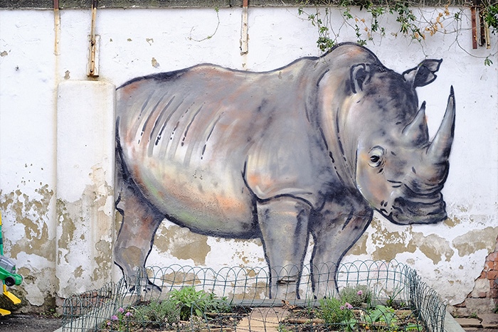 A street artwork of Sudan the last Northern White Rhino painted in a London school by artist James Straffon