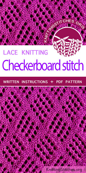Checkerboard Stitch Pattern is found in the Eyelet and Lace Stitches category. FREE written instructions, PDF knitting pattern. #knittingstitches #knitting #laceknitting