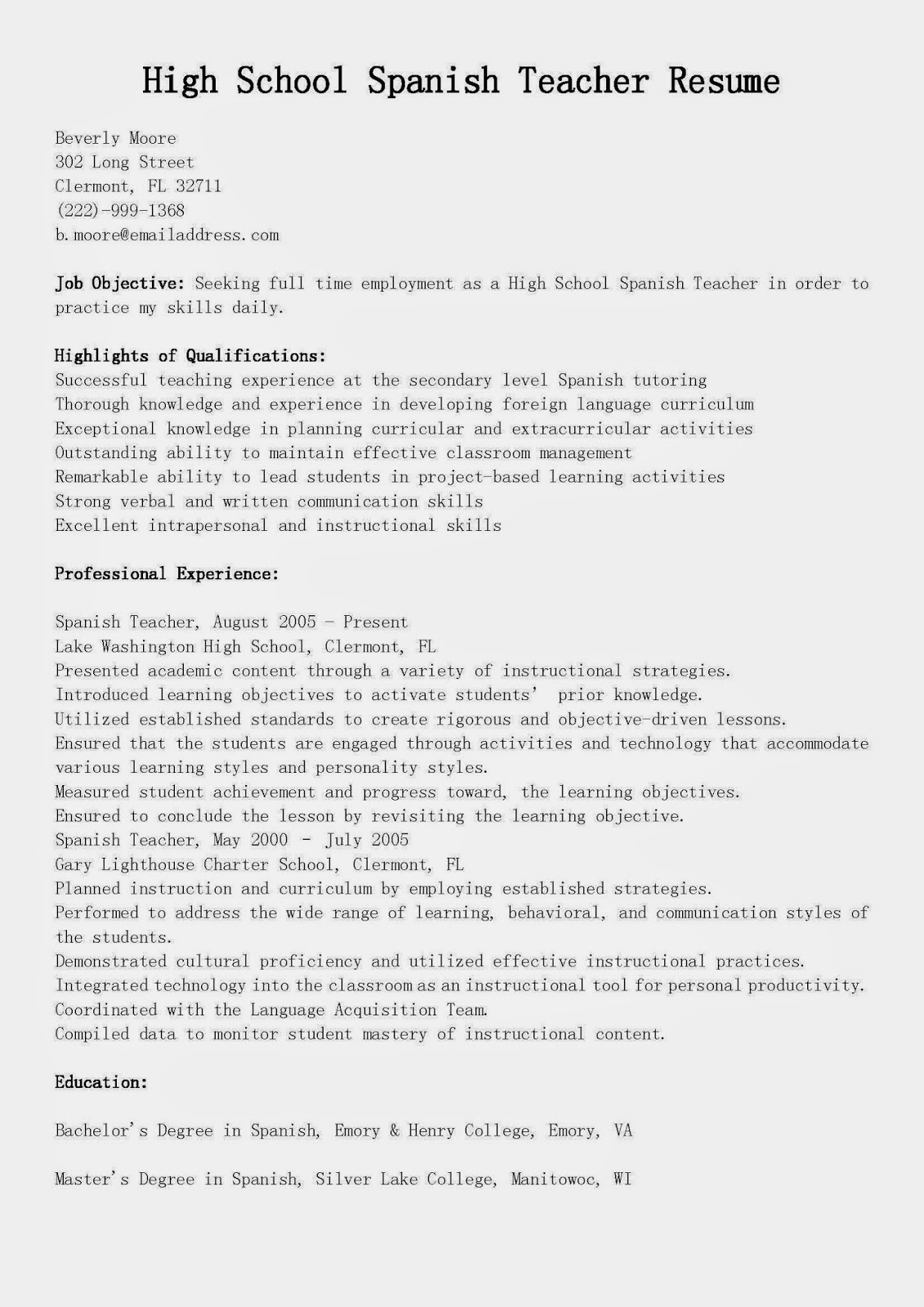 Resume Samples High School Spanish Teacher Resume Sample