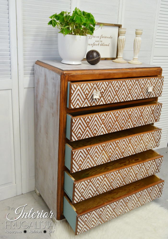 A little white paint and a striped diamond stencil made a dramatic difference on this vintage Art Deco Geometric Dresser Makeover in a fun boho style.