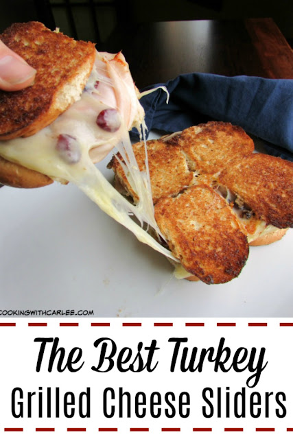 What is better than a grilled cheese? Not much! These sliders are snack size, butter, golden, cheesy and have pesto, dried cranberries, turkey and plenty of gooey cheese!