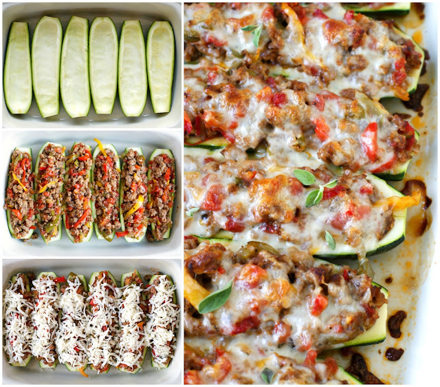Sausage, Pepper, and Onion Stuffed Zucchini Boats are a twist on the classic northern dish, made by swapping the roll with bright and fresh zucchini boats! | thetwobiteclub.com | #JDFamilyTable #ad