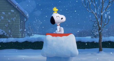 Snoopy and Woodstock sitting on doghouse in the snow
