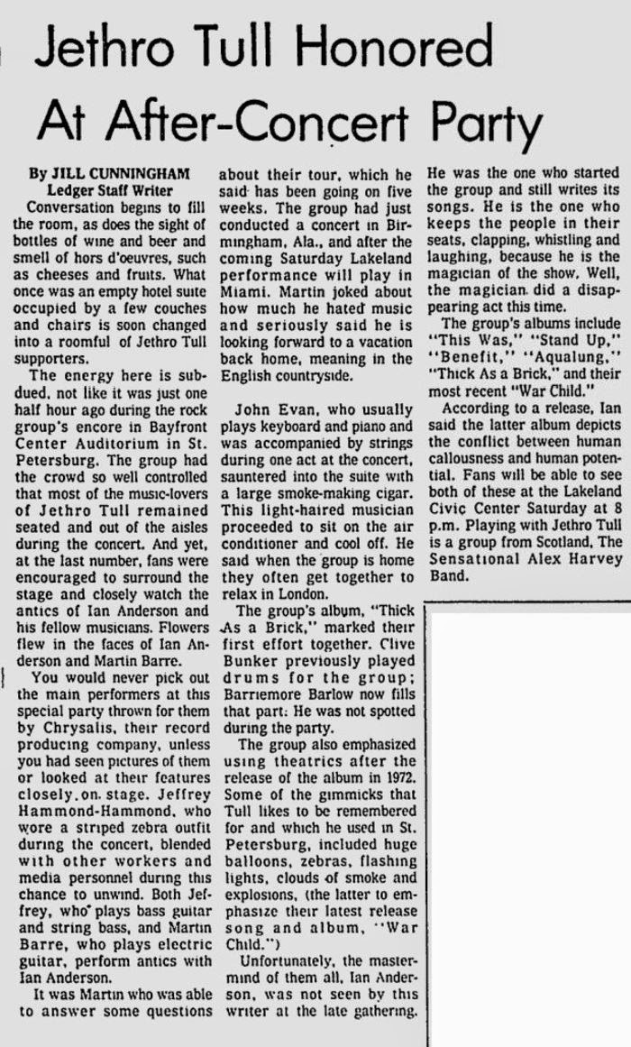 Rock & Roll Newspaper Press History Jethro Tull The Lakeland Ledger