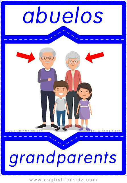 Grandperents English-Spanish flashcards for the family members topic