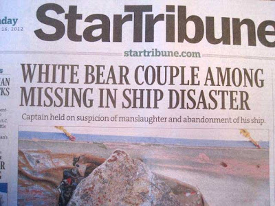 Star Tribune front page with headline WHITE BEAR COUPLE AMONG MISSING IN SHIP DISASTER