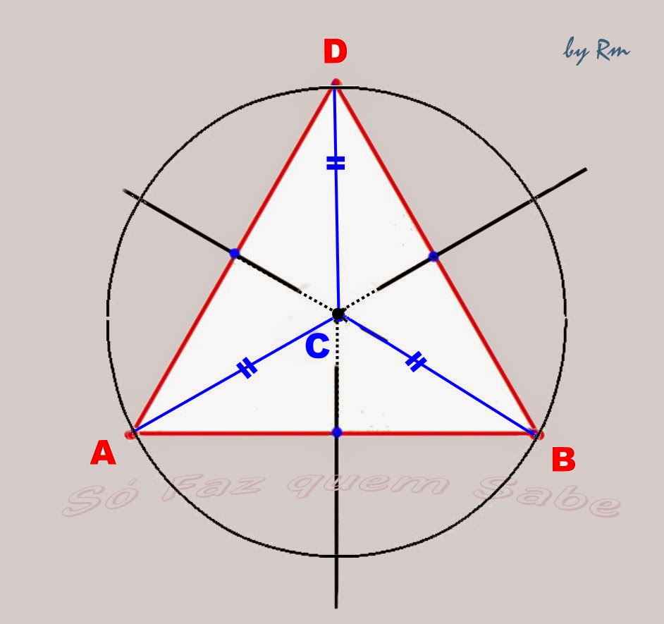 Circuncentro, centro da circunferência circunscrita ao triângulo. Ponto de encontro notável das três mediatrizes do triângulo.