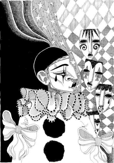 Black Ink Pierrot - Inktober 2017 Cross Hatching Cartoon Sad Clown